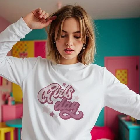 Groovy Girls Day SVG PNG design displayed on a pink tank top mockup, ideal cut file for matching shirts.