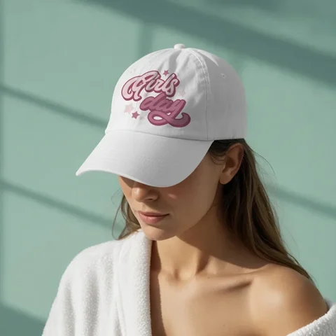 Close-up of a hat mockup featuring the Girls Weekend Cut Files SVG typography design for machine embroidery or vinyl.