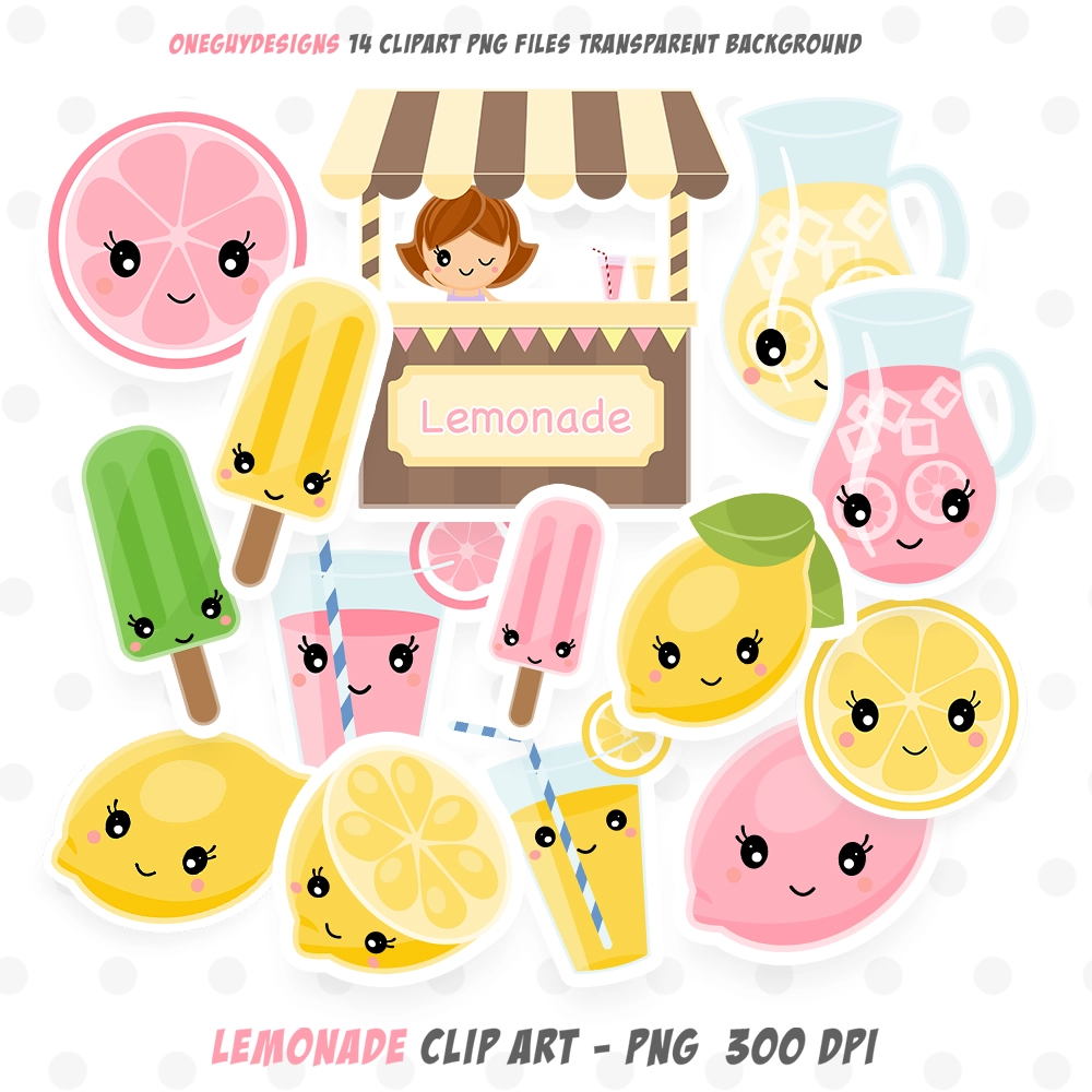 Kawaii Lemonade Clipart and Cute Lemon Stickers PNG Bundle